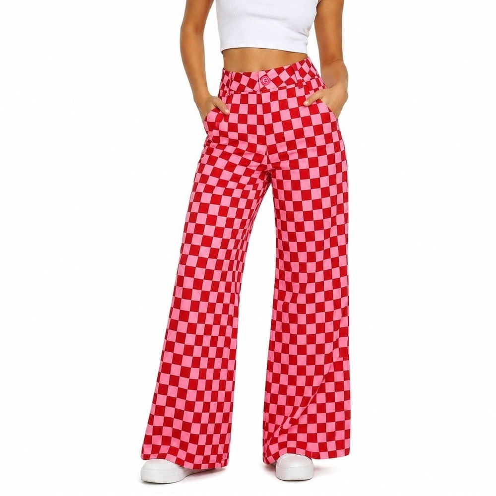 Cider Happy Hour Red Pink Checkered Wide Leg Pants High Waisted Trousers | M